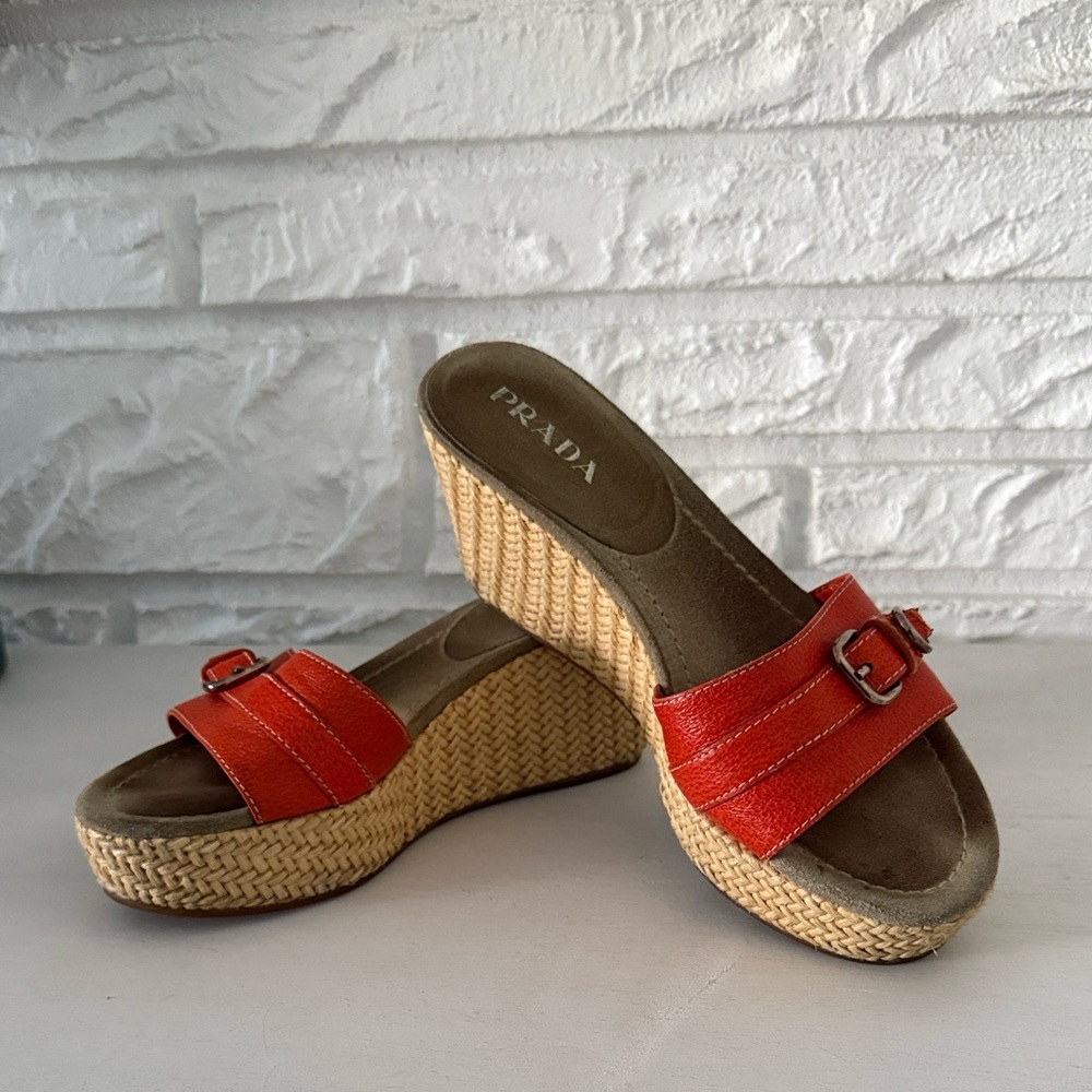 Prada Leather Espadrille Wedge Sandals
